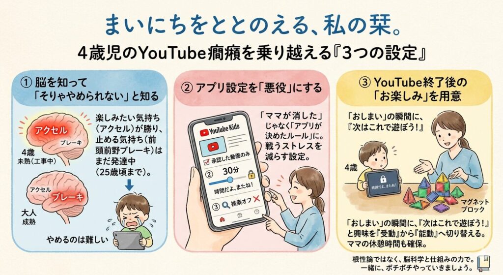 「まいにちをととのえる、私の栞。」と題された、4歳児のYouTube癇癪を乗り越える3つの設定を解説する図解イラスト。
1.「脳を知って『そりゃやめられない』と知る」では、4歳児と大人の脳のブレーキ(前頭前野)の発達差を比較。
2.「アプリ設定を『悪役』にする」では、YouTube Kidsアプリでの承認動画のみ、タイマー(30分)、検索オフの設定画面を表示。
3.「YouTube終了後の『お楽しみ』を用意」では、タブレット終了後にマグネットブロック遊びへ移行する親子を描き、興味を受動から能動へ切り替えるコツを解説。