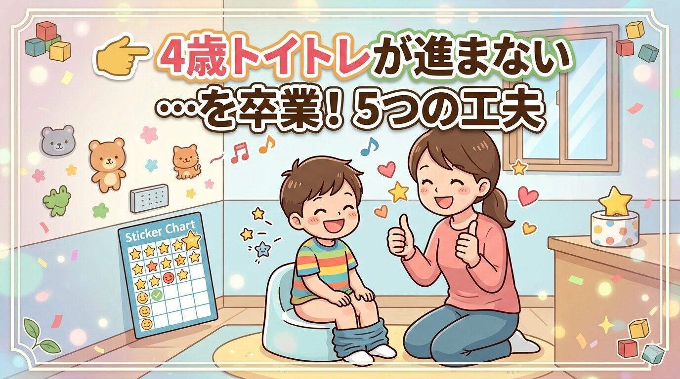 4歳児のトイレトレーニング改善ステップのアイキャッチ画像。笑顔の母子がトイレで親指を立てて喜んでいるイラストと、「4歳トイトレが進まない…を卒業！5つの工夫」というタイトル文字。背景にはご褒美シール表や明るいトイレの装飾が描かれている。