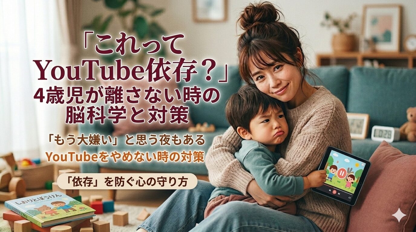 ブログ記事のアイキャッチ画像。リビングで、優しく微笑む母親が、少し不機嫌そうにタブレットを持つ4歳の息子を抱きしめている。画像左上には大きな文字で「『これってYouTube依存？』4歳児が離さない時の脳科学と対策」というタイトル。その下に「『もう大嫌い』と思う夜もある YouTubeをやめない時の対策」というリード文。左下には「『依存』を防ぐ心の守り方」と書かれたボタン風のテキスト。