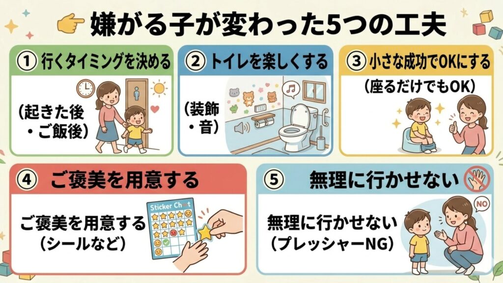 嫌がる子が変わったトイレトレーニング5つの工夫をまとめた図解。①行くタイミングを決める、②トイレを楽しくする、③小さな成功でOKにする（座るだけなど）、④ご褒美を用意する（シール等）、⑤無理に行かせない（プレッシャーNG）、の5項目を分かりやすいイラストで解説。