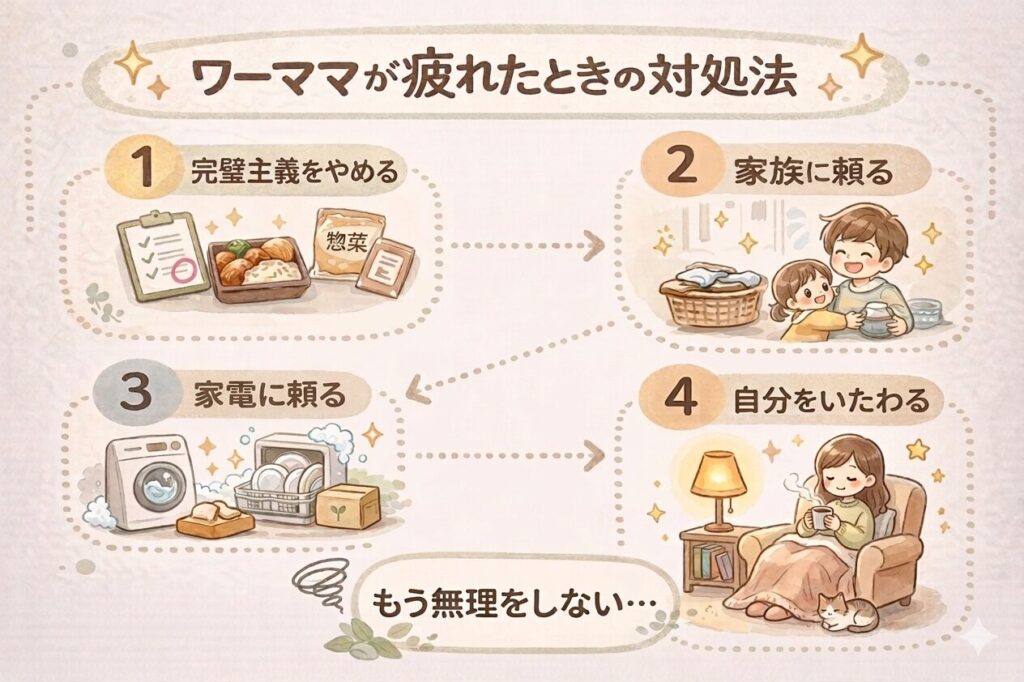 ワーママが疲れたときの対処法をまとめた図解。1.完璧主義をやめる(お惣菜や簡略化したチェックリスト)、2.家族に頼る(家族で家事を分担する様子)、3.家電に頼る(洗濯機や食洗機)、4.自分をいたわる(ソファーでくつろぐ女性)の4つのポイントと、下部に「もう無理をしない…」というメッセージが描かれた温かい水彩画風のイラスト