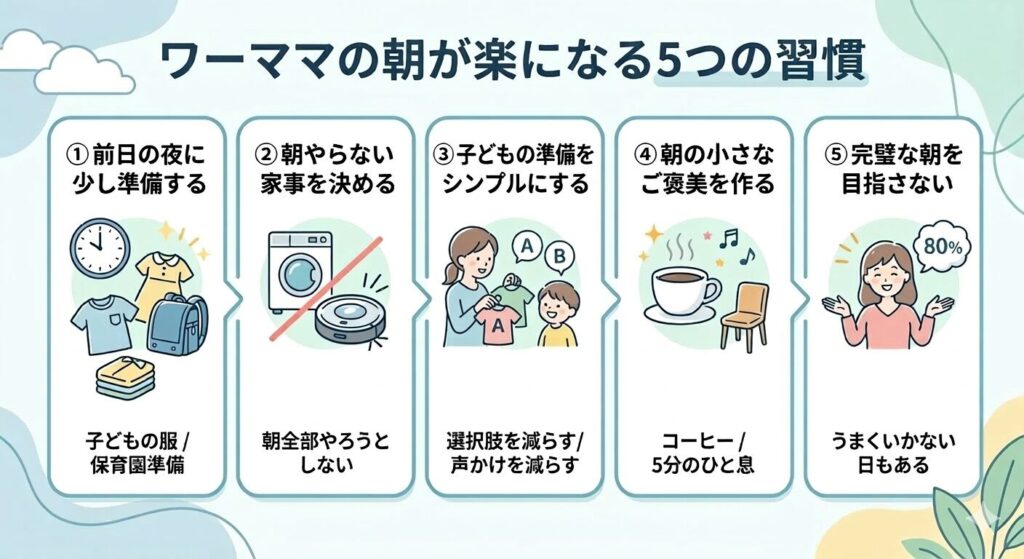 ワーママの朝が楽になる5つの習慣のまとめ図解。①前日準備、②家事の断捨離、③準備のシンプル化、④コーヒーのご褒美、⑤完璧を目指さない、の5ステップをイラストで紹介。
