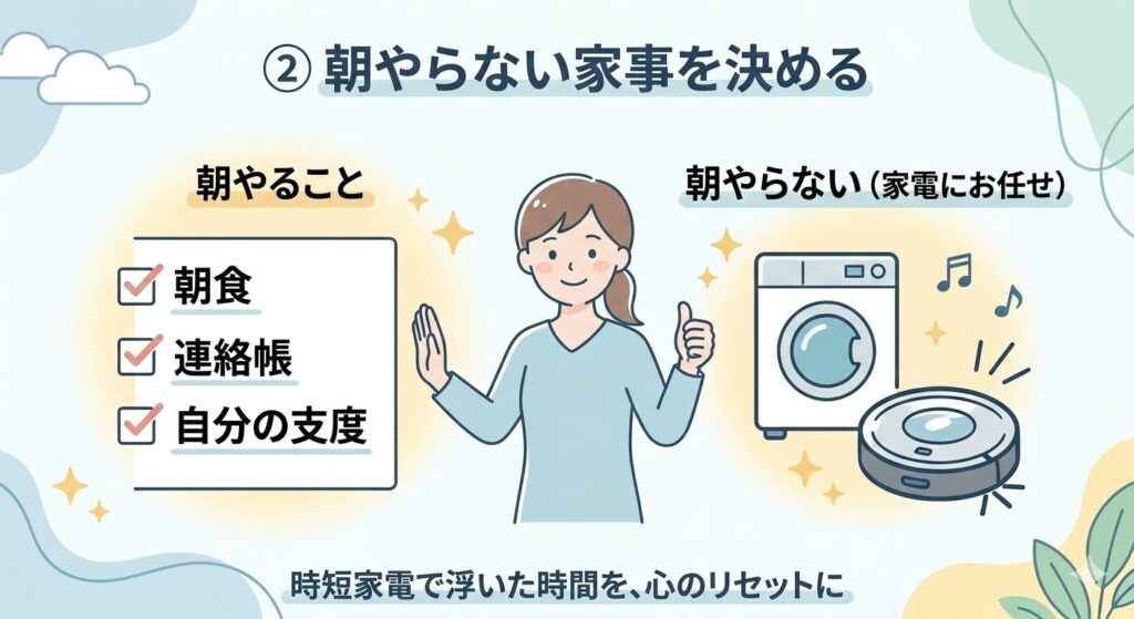「朝やらない家事を決める」の図解。朝やること(朝食・連絡帳・自分の支度)と、家電にお任せすること(洗濯・掃除)を分け、時短家電の活用で心に余裕を作る工夫を解説。