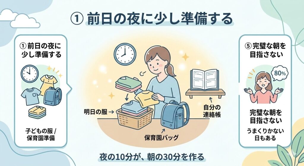 ワーママの朝を楽にする「前日の夜準備」の図解。翌日の子供服、保育園バッグ、連絡帳を夜に用意する様子を描き、「夜の10分が、朝の30分を作る」というメリットを解説。