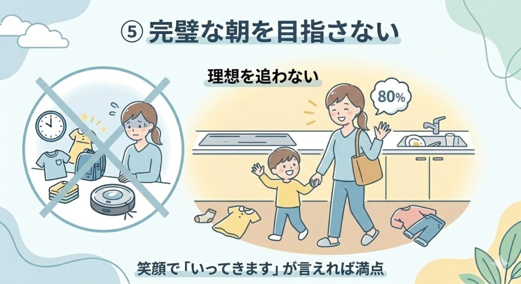 「完璧な朝を目指さない」の図解。理想を追いすぎず「80点」を目指すママの笑顔のイラスト。少し散らかった部屋でも、笑顔で「いってきます」が言えれば満点というメッセージ。