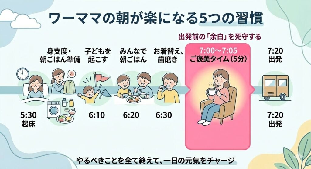 「朝の小さなご褒美を作る」の図解。起床から出発までのタイムスケジュールの中に、5分間のコーヒータイム(ご褒美タイム)を組み込み、自分を癒やす時間を確保する提案。