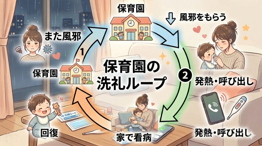 保育園の洗礼ループを説明するサイクル図。「保育園に行く」から始まり、「風邪をもらう」「発熱・呼び出し」「家で看病」「回復」を経て、再び「保育園に行く」へと戻る無限ループの様子を、母子のイラストとともに描いた図解。