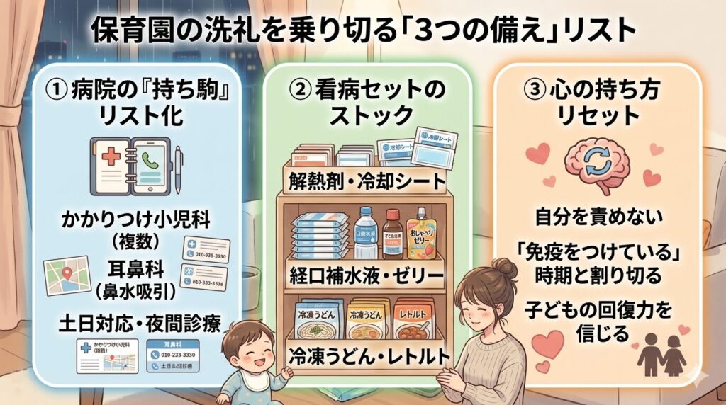 保育園の洗礼を乗り切るための3つの備えをまとめた図解。1.病院のリスト化（小児科・耳鼻科）、2.看病セットのストック（解熱剤、冷凍うどん、ゼリーなど）、3.心の持ち方リセット（自分を責めない、回復力を信じる）がイラスト付きで解説されている。