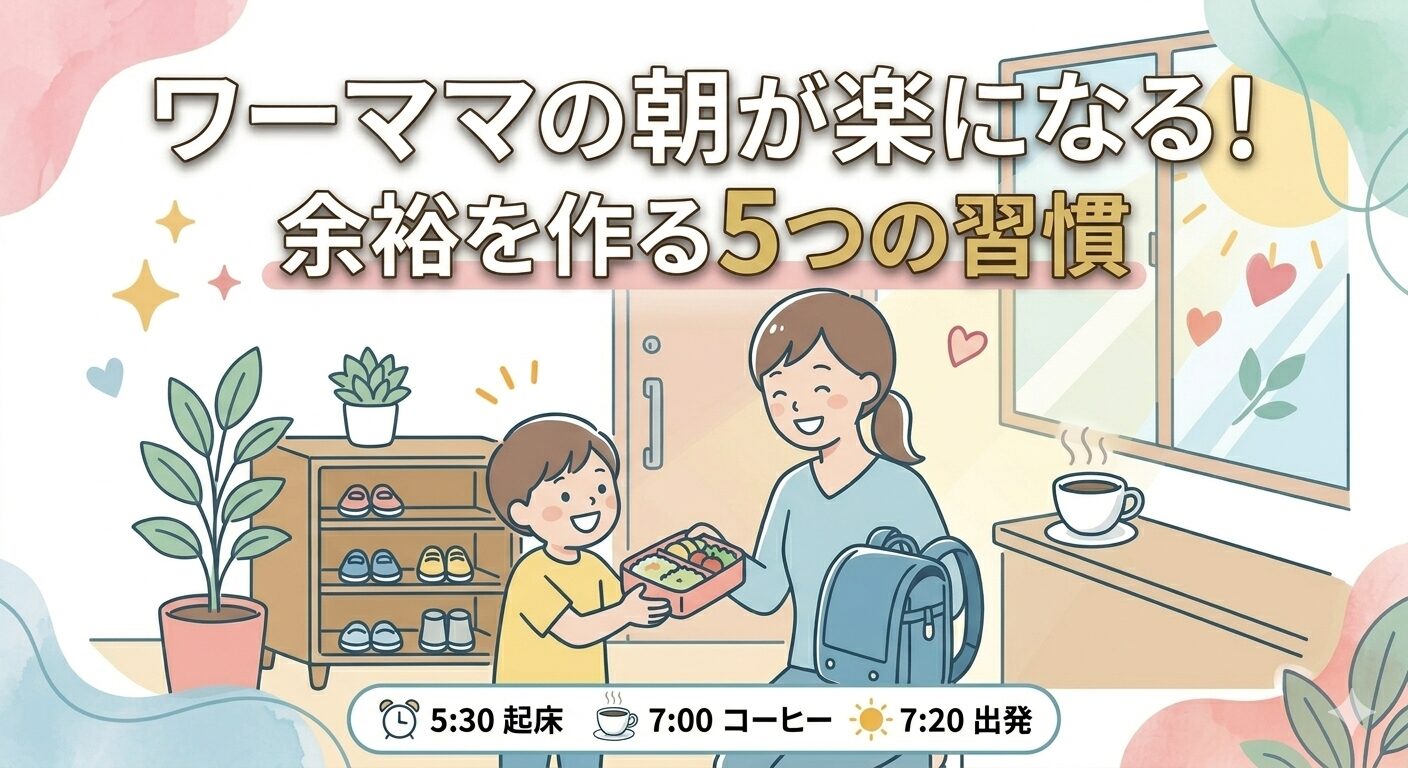 ワーママの朝ルーティンを楽にする5つの習慣。笑顔の親子とリアルなタイムスケジュール（5:30起床・コーヒー・7:20出発）のイラスト図解。