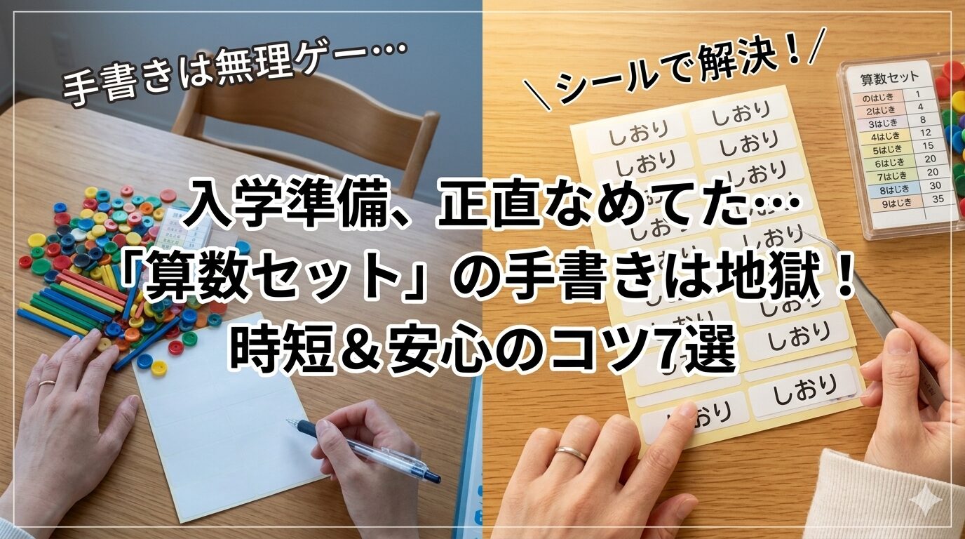 ​入学準備の算数セットの名前付けに悩むママへ。手書きの苦労とお名前シールでの時短解決法を比較したアイキャッチ画像。