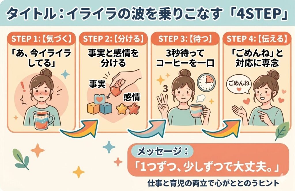 イライラを乗りこなす4ステップの図解。1.気づく、2.事実と感情を分ける、3.3秒待ってコーヒーを飲む、4.謝って対応に専念する、という具体的な対処法の手順。