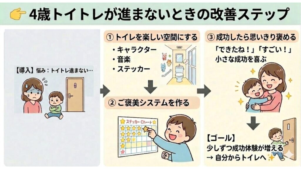 4歳トイトレが進まないときの改善ステップを3段階で説明した図解。左に「導入：悩み」、中央に「①トイレを楽しい空間にする」「②ご褒美システムを作る」、右に「③成功したら思いきり褒める」「ゴール：自分からトイレへ」という流れをイラスト付きで解説。