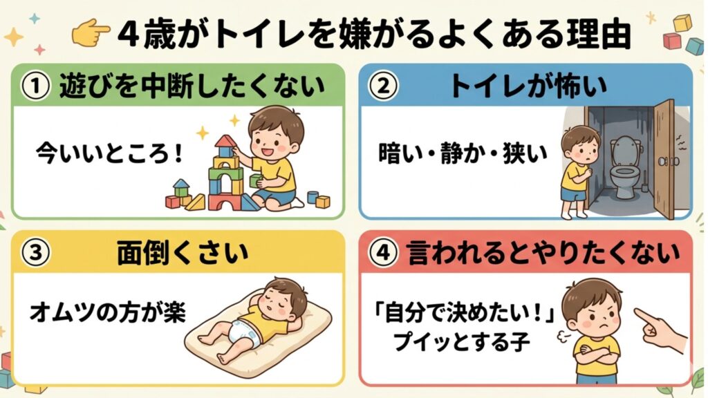 4歳児がトイレを嫌がる4つの理由をまとめた図解。①遊びを中断したくない、②トイレが怖い（暗い・狭い）、③面倒くさい（オムツが楽）、④言われるとやりたくない（自分で決めたい）、の4項目を子供の表情豊かなイラストと共に紹介。