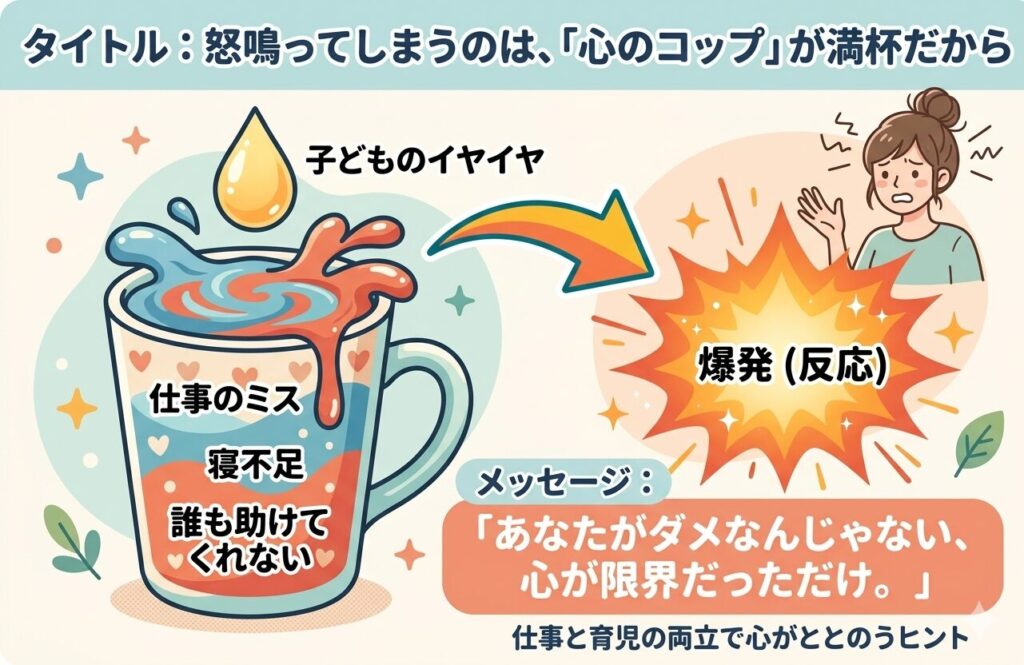 ワーママが怒鳴ってしまう理由を「心のコップ」で例えた図解。仕事のミスや寝不足で満杯になったコップに、子どものイヤイヤが最後の一滴となり感情が爆発する様子を説明。