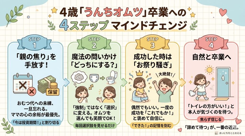 4歳『うんちオムツ』卒業への 4ステップ マインドチェンジ」というタイトルのインフォグラフィック画像。温かみのあるイラストと文字で、ステップ1「『親の焦り』を手放す！」、ステップ2「魔法の問いかけ『どっちにする？』」、ステップ3「成功した時は『お祭り騒ぎ』」、ステップ4「自然と卒業へ」という4つの段階を説明しており、最後に「『諦めて待つ』が、一番の近道。」というメッセージが添えられている。