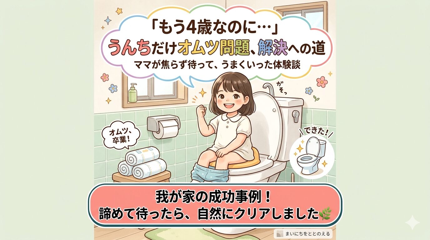 4歳の女の子がトイレで「できた！」と笑顔でガッツポーズをしているイラスト。背景には「もう4歳なのに…うんちだけオムツ問題、解決への道」というタイトルと、「諦めて待ったら、自然にクリアしました」というメッセージが書かれた、温かみのあるブログ用アイキャッチ画像。
