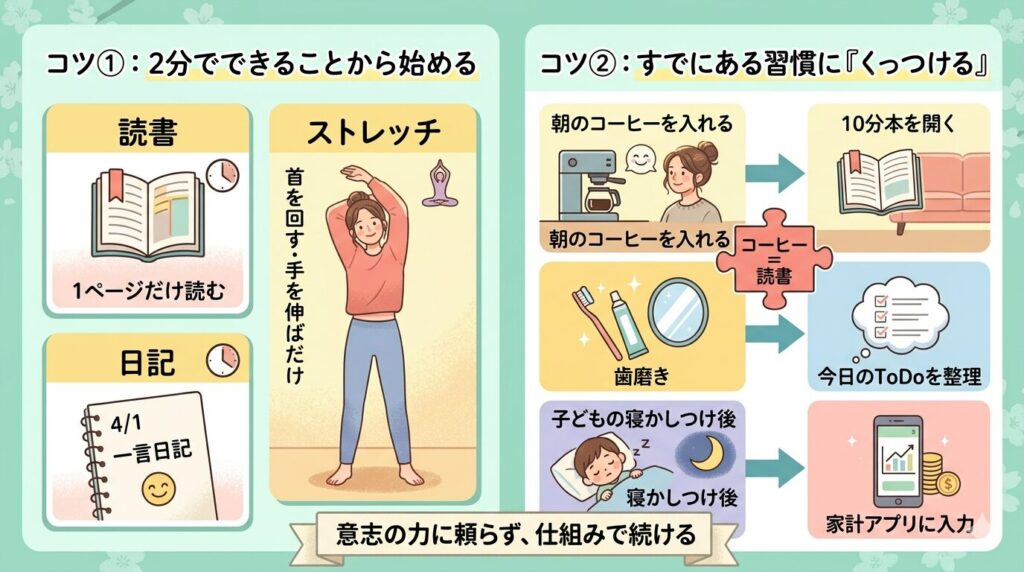 「コツ①：2分でできることから始める」と「コツ②：すでにある習慣に『くっつける』」の図解。読書、ストレッチ、日記を最小単位で始める例と、コーヒー・歯磨き・寝かしつけといった既存の行動に新しい習慣を組み合わせる具体例がイラストで描かれています。下部には「意志の力に頼らず、仕組みで続ける」というメッセージがあります。