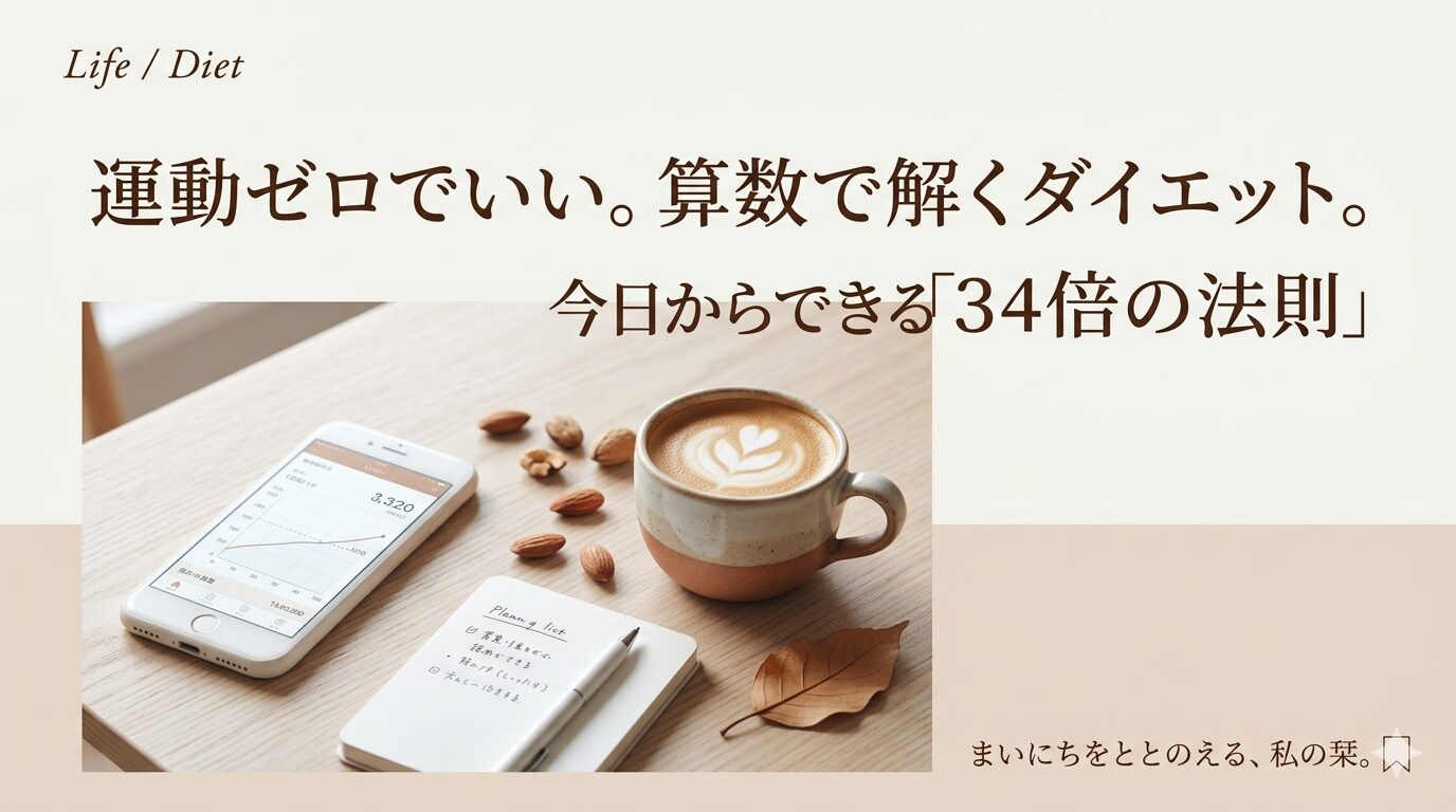 「まいにちをととのえる、私の栞」ブログのアイキャッチ画像。木目調のテーブルにコーヒー、ノート、スマートフォンが並び、上部に「運動ゼロでいい。算数で解くダイエット。今日からできる34倍の法則」という文字が入っている。