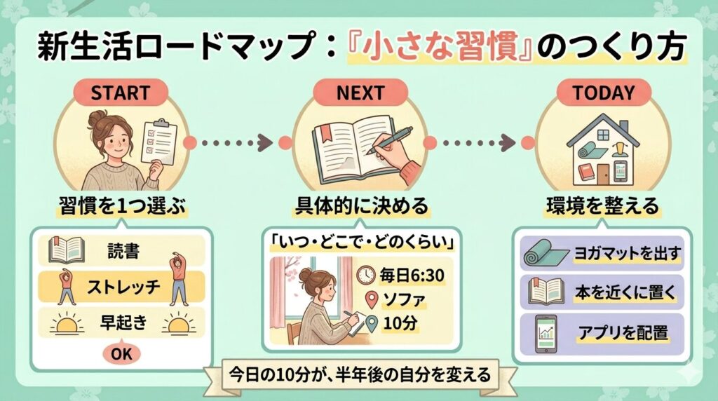 新生活ロードマップ：『小さな習慣』のつくり方」と題された3ステップの図解。1.習慣を1つ選ぶ、2.「いつ・どこで・どのくらい」を具体的に決める、3.環境を整える、という流れがロードマップ形式で描かれています。下部には「今日の10分が、半年後の自分を変える」という応援メッセージが書かれています。