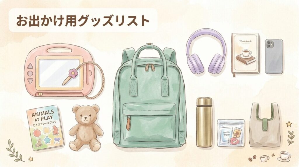 子連れのお出かけを少し楽にする持ち物リストのイラスト。マグネットお絵描きボード、シールブック、ぬいぐるみ、リュック、水筒、ウェットティッシュなど、姉妹連れのお出かけに必要なアイテムが整然と並べられた様子を水彩画タッチで描いたもの。