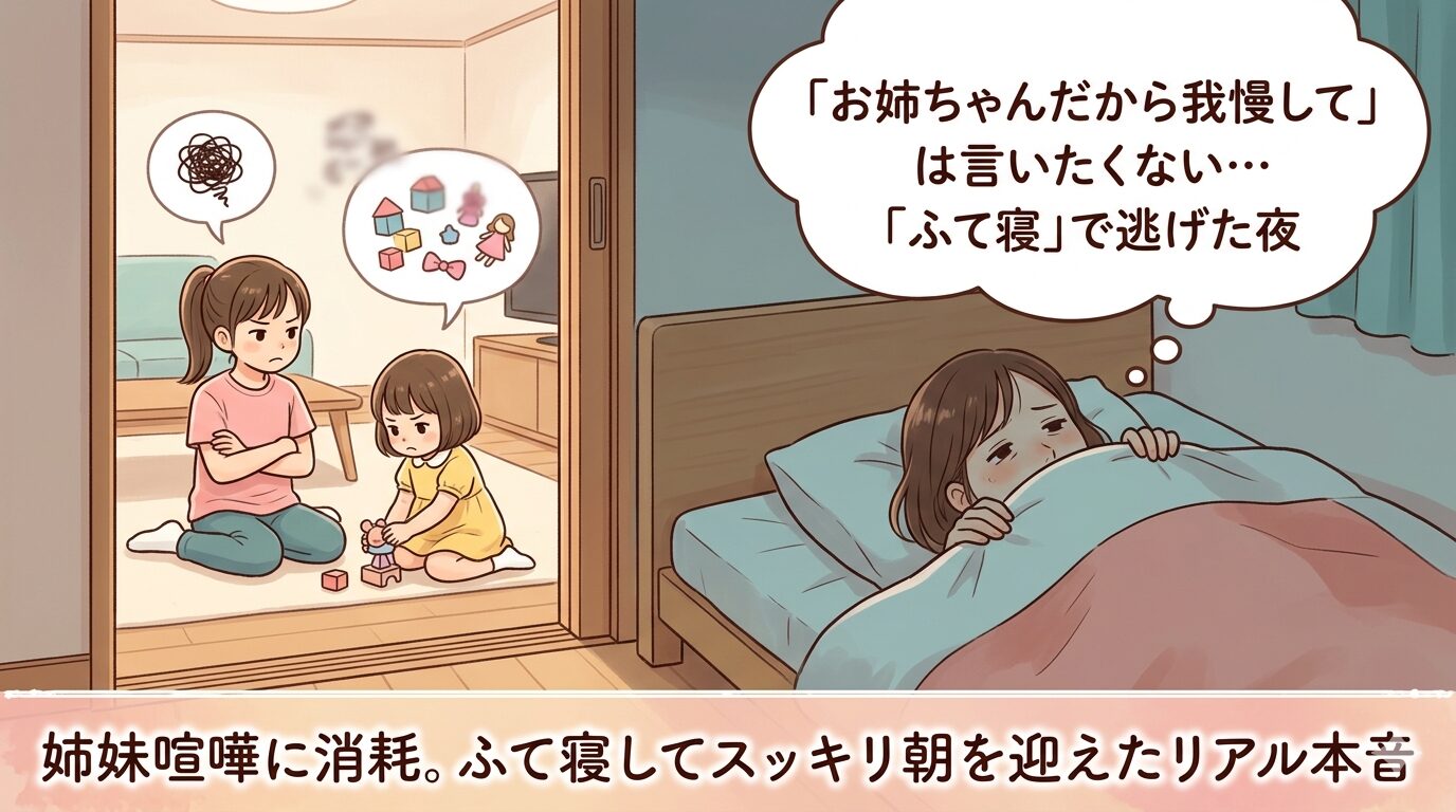 姉妹喧嘩に疲れて寝室に避難し「ふて寝」をする母親と、リビングでおもちゃの取り合いをする子供たちのイラスト