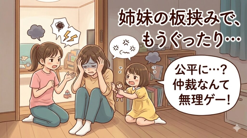 リビングで姉妹がおもちゃを取り合って喧嘩をしており、その板挟みになって頭を抱え、ぐったりと座り込んでいる母親のイラスト