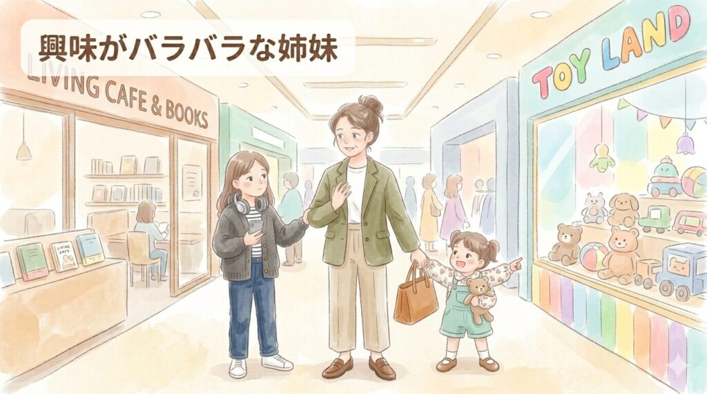 ショッピングモールで、それぞれ違う方向に興味を示す10歳の姉と4歳の妹に困惑する母親のイラスト。お姉ちゃんは本屋やカフェ、妹はおもちゃ屋に惹かれている様子を水彩画タッチで描いた、姉妹連れお出かけの難しさを表すイメージ。