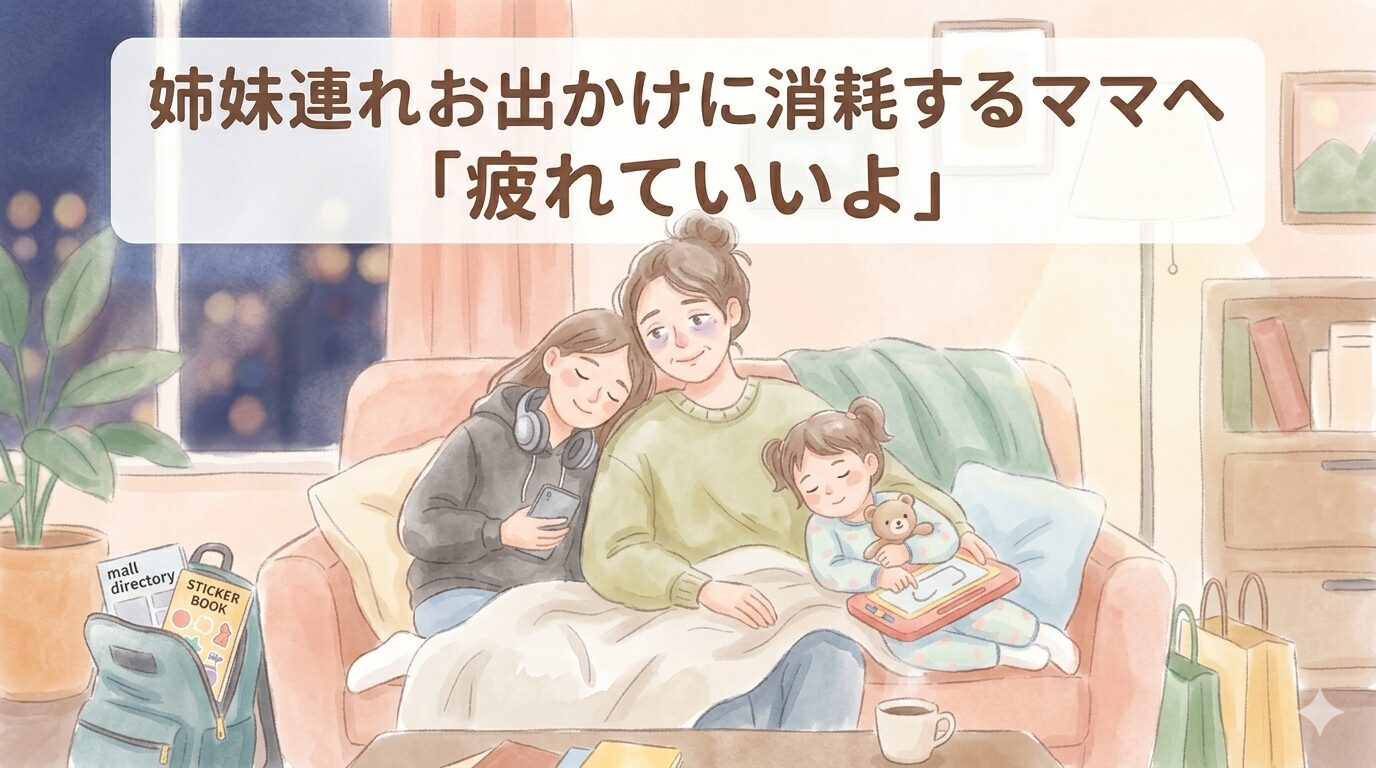 姉妹連れのお出かけから帰宅し、ソファで子供たちと寄り添って休憩する母親のイラスト。温かい水彩画風のタッチで「疲れていいよ」というメッセージを伝えるイメージ。