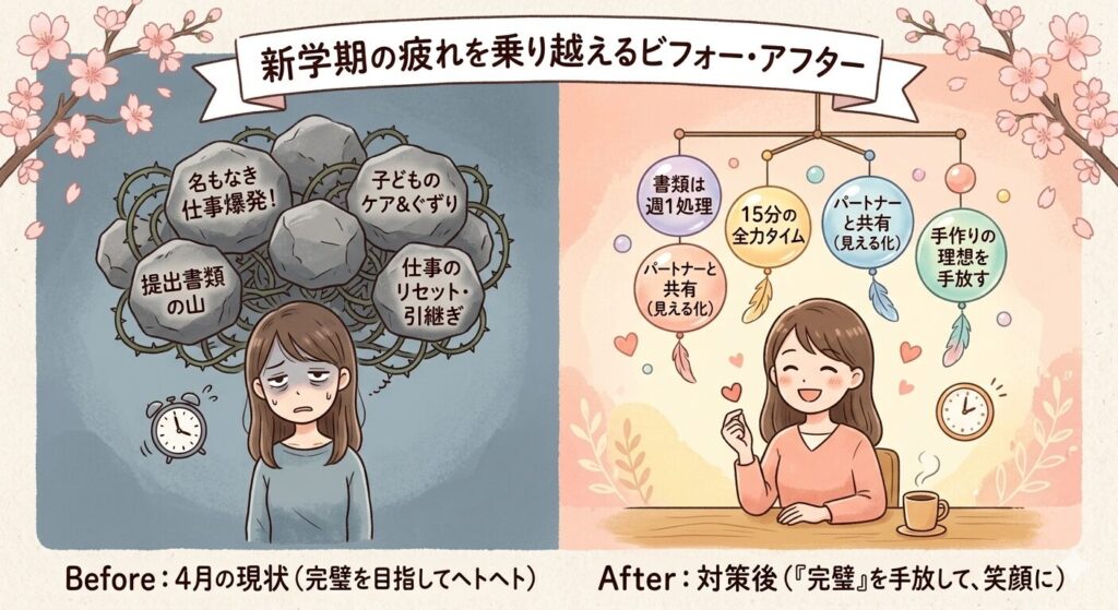 新学期のワーママの疲れを乗り越えるビフォー・アフターを描いた手描き風の図解。左側は「4月の現状（完璧を目指してヘトヘト）」として、暗い背景に「名もなき仕事」「子どものメンタルケア」「提出書類の山」「仕事のリセット」に追われる疲れた女性。右側は「対策後（『完璧』を手放して、笑顔に）」として、明るい背景に「書類は週1処理」「15分の全力タイム」「パートナーと共有」「手作りの理想を手放す」で整理され、笑顔でコーヒーを飲む女性。