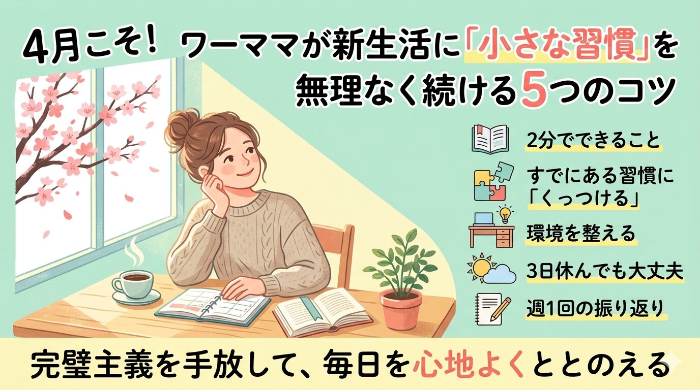 窓の外に桜が見える明るい部屋で、女性がリラックスして手帳を開いているイラスト。「4月こそ！ワーママが新生活に『小さな習慣』を無理なく続ける5つのコツ」というタイトルと、5つのポイント（2分でできること、すでにある習慣にくっつける、環境を整える、3日休んでも大丈夫、週1回の振り返り）が書かれたアイキャッチ画像。