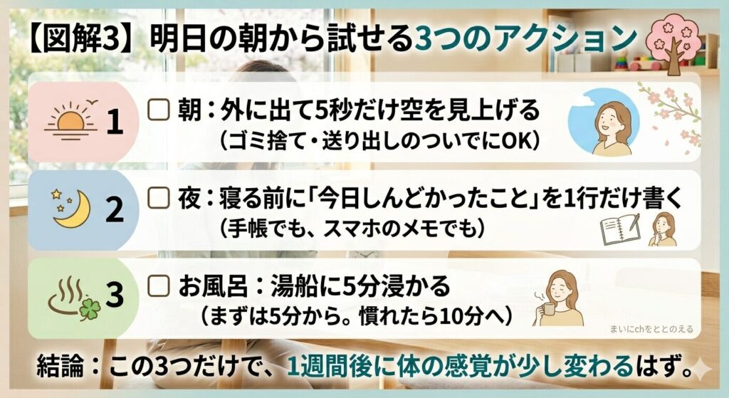 30代ママが明日の朝から実践できる「春のセルフケア」の3つのアクションチェックリスト。「朝5秒空を見上げる」「夜1行日記を書く」「お風呂に5分浸かる」の手軽なステップを紹介。結論として、この3つだけで1週間後に体の感覚が変わることを伝えている図解画像。