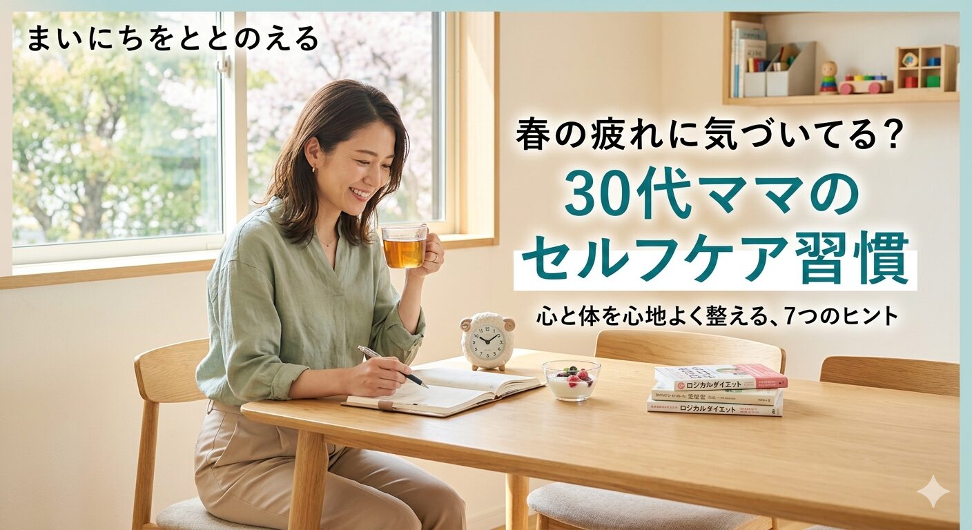明るいダイニングでコーヒーを飲みながら手帳を書く女性と、テーブルに置かれたひつじの目覚まし時計や本の画像。「春の疲れに気づいてる？30代ママのセルフケア習慣」の文字。