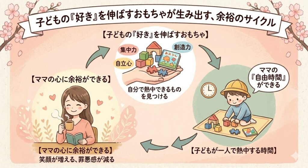 子どもの「好き」を伸ばすおもちゃが生み出す「余裕のサイクル」を描いた図解。
1.「子どもの『好き』を伸ばすおもちゃ」で集中力や自律心が育つ。
2.「子どもが一人で熱中する時間」が生まれ、ママに自由時間ができる。
3.「ママの心に余裕ができる」ことで、笑顔が増え、罪悪感が減る。
この3つが円形の矢印で繋がり、ポジティブな連鎖が起きている様子を描いたインフォグラフィック。