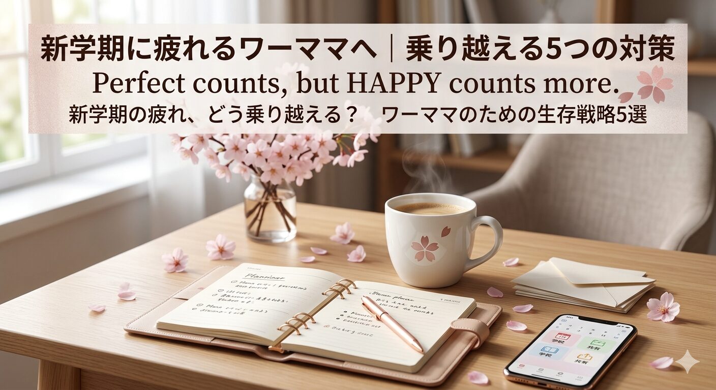 春のデスクに置かれたコーヒー、システム手帳、スマートフォンと桜の花。上部に「新学期に疲れるワーママへ｜乗り越える5つの対策」と、英文のメッセージが書かれたブログのアイキャッチ画像。