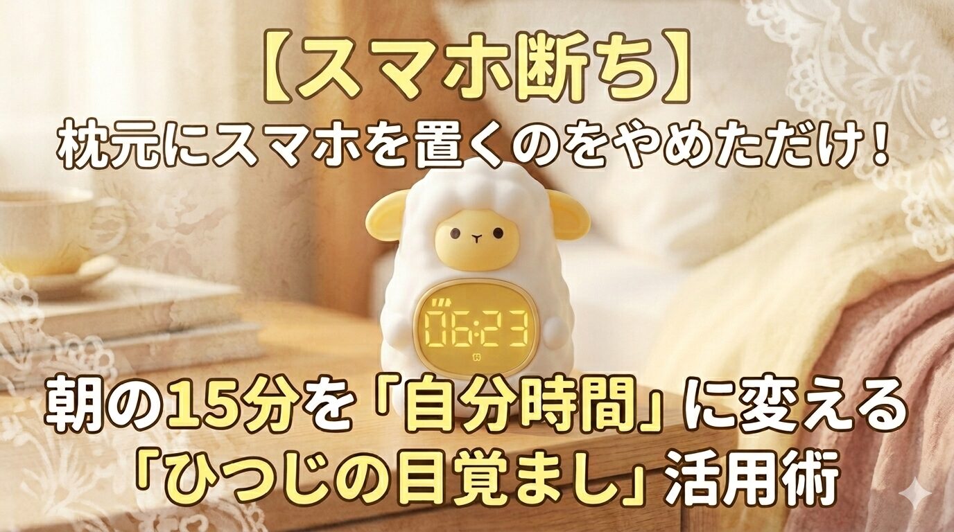 ワーママの睡眠時間を守るひつじの目覚まし時計と脱スマホのイメージ