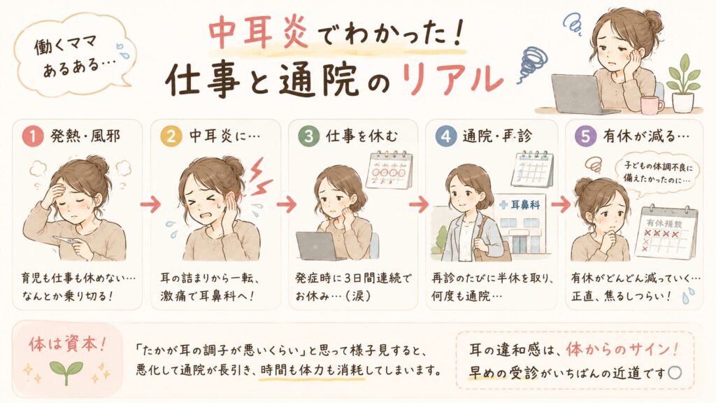 中耳炎による通院や有休消化など、働くママのリアルな悩みをまとめた体験図解