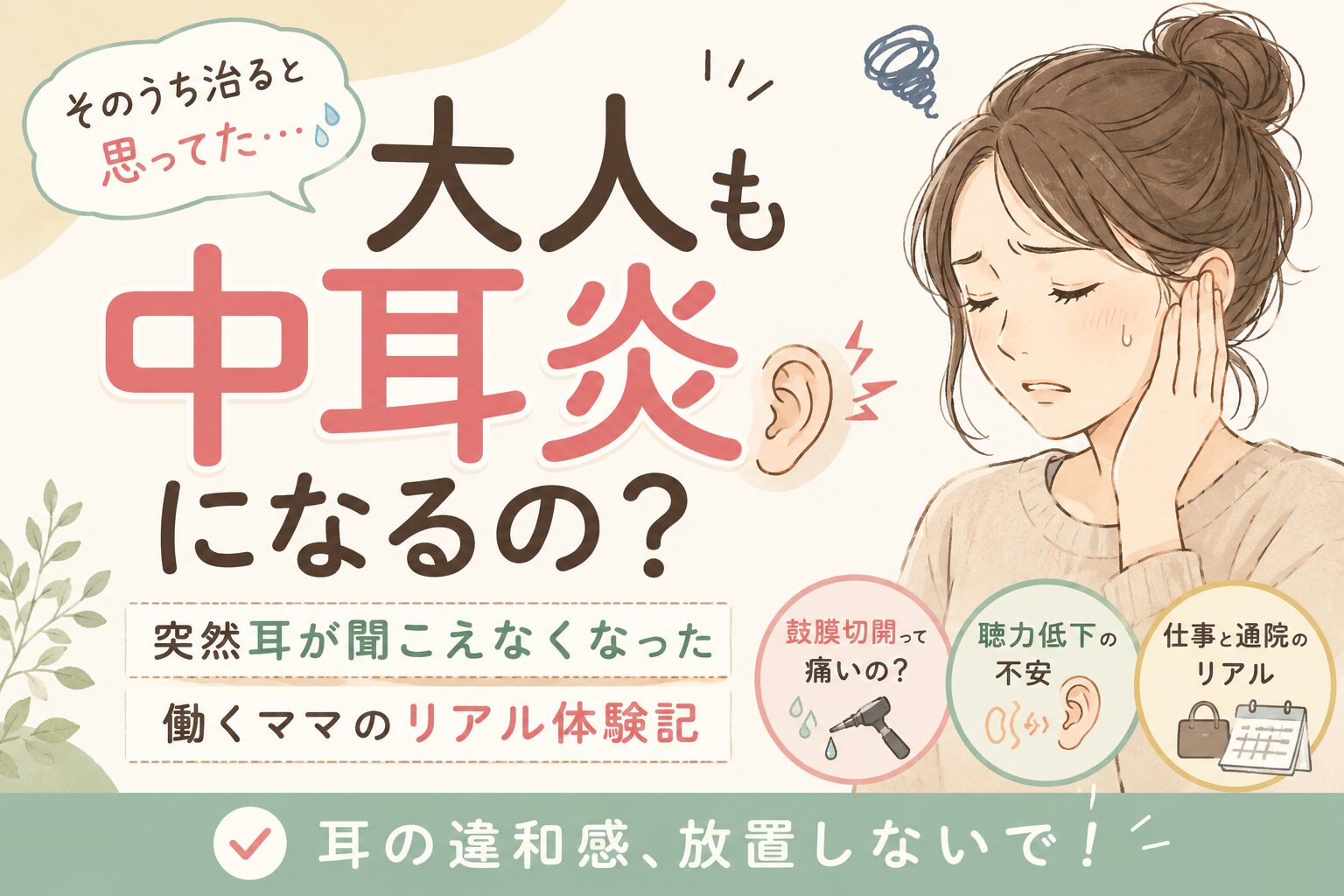耳を押さえて困った表情をする女性と「大人も中耳炎になるの？」というタイトルが入ったブログ記事用アイキャッチ画像