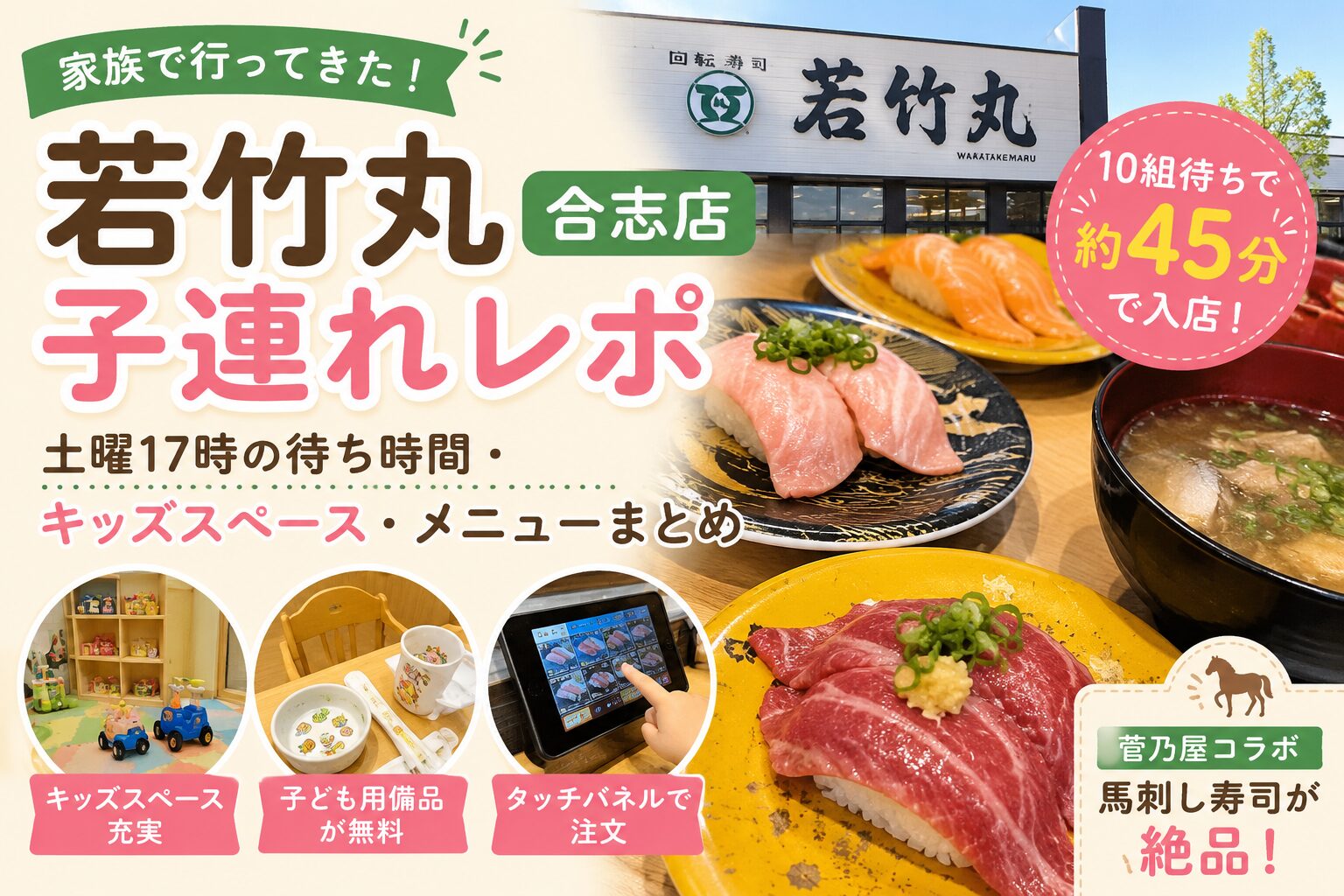若竹丸合志店の子連れレビューアイキャッチ。寿司・あら汁・馬刺し寿司・キッズスペース・タッチパネルの写真と、土曜17時の待ち時間情報をまとめた画像