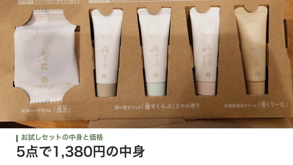 あきゅらいずのお試しセット5点が箱に並んでいる様子