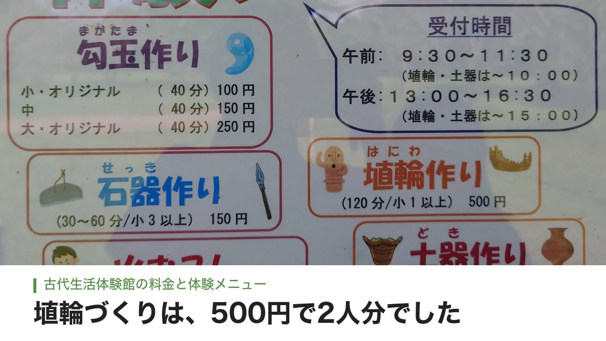 西都原古代生活体験館の体験メニューと料金の看板