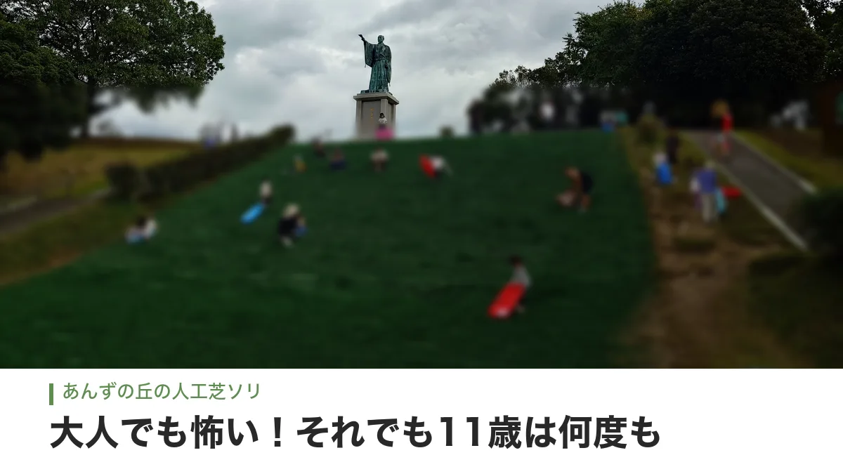 あんずの丘の人工芝すべりの坂と、てっぺんの隈部親永像