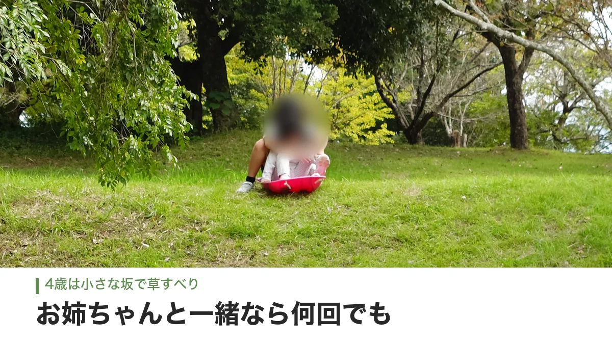 あんずの丘の木かげの草の坂を、ソリで一緒にすべる姉妹