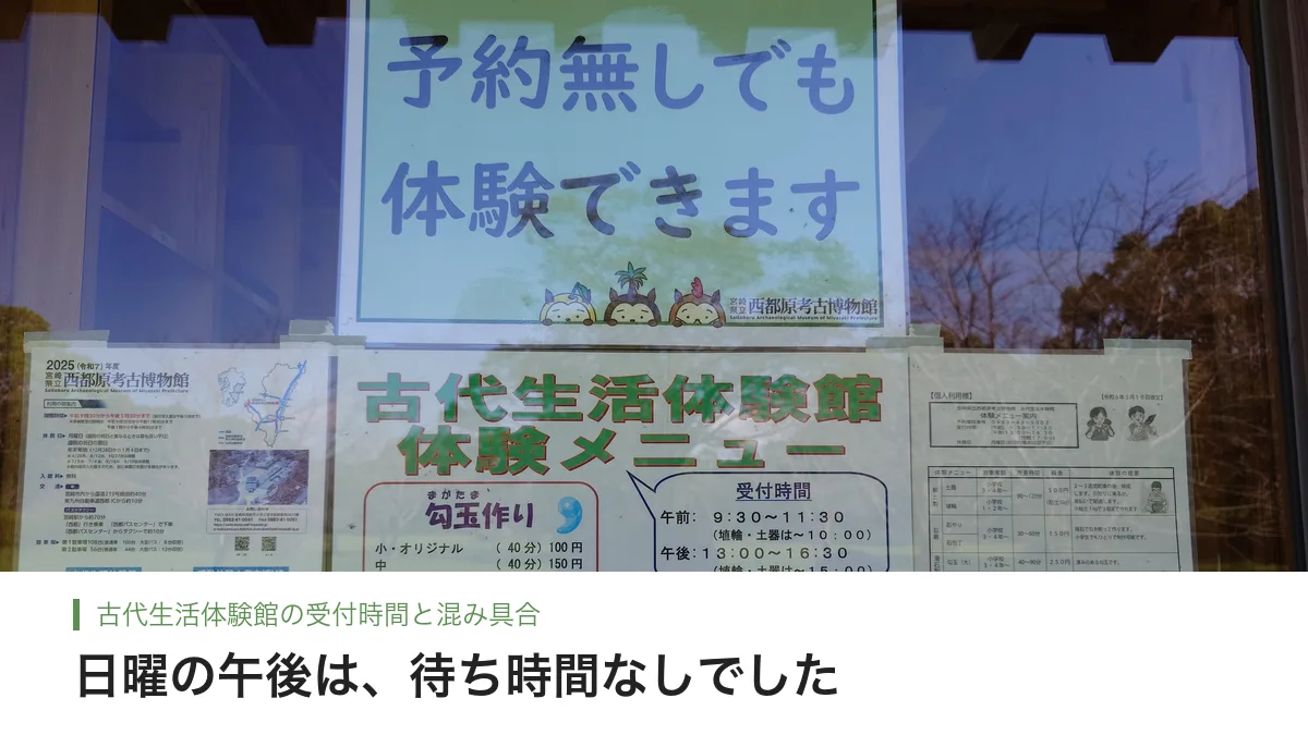 古代生活体験館の「予約無しでも体験できます」の貼り紙と受付時間の看板
