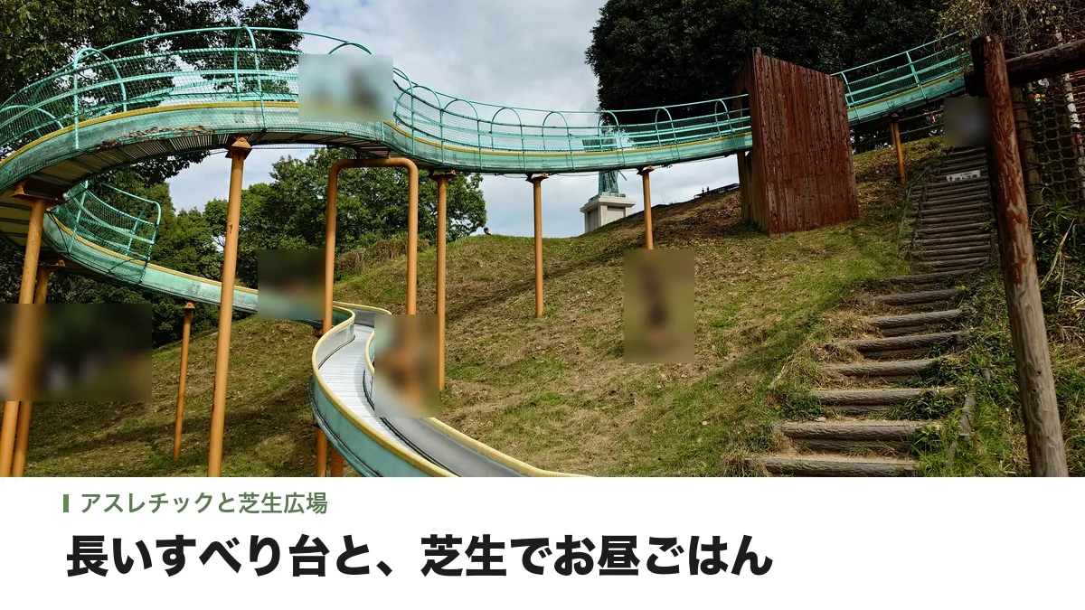 あんずの丘の丘の斜面にある長いローラーすべり台と木のアスレチック