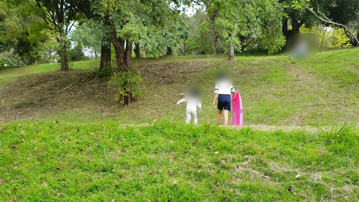ソリを持って小さな草の坂をのぼる姉妹の後ろ姿
