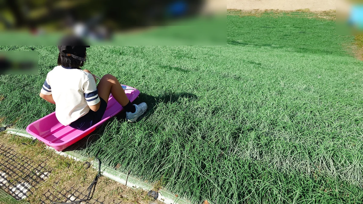 ピンクのソリに乗って、人工芝の坂をすべりはじめる子どもの後ろ姿